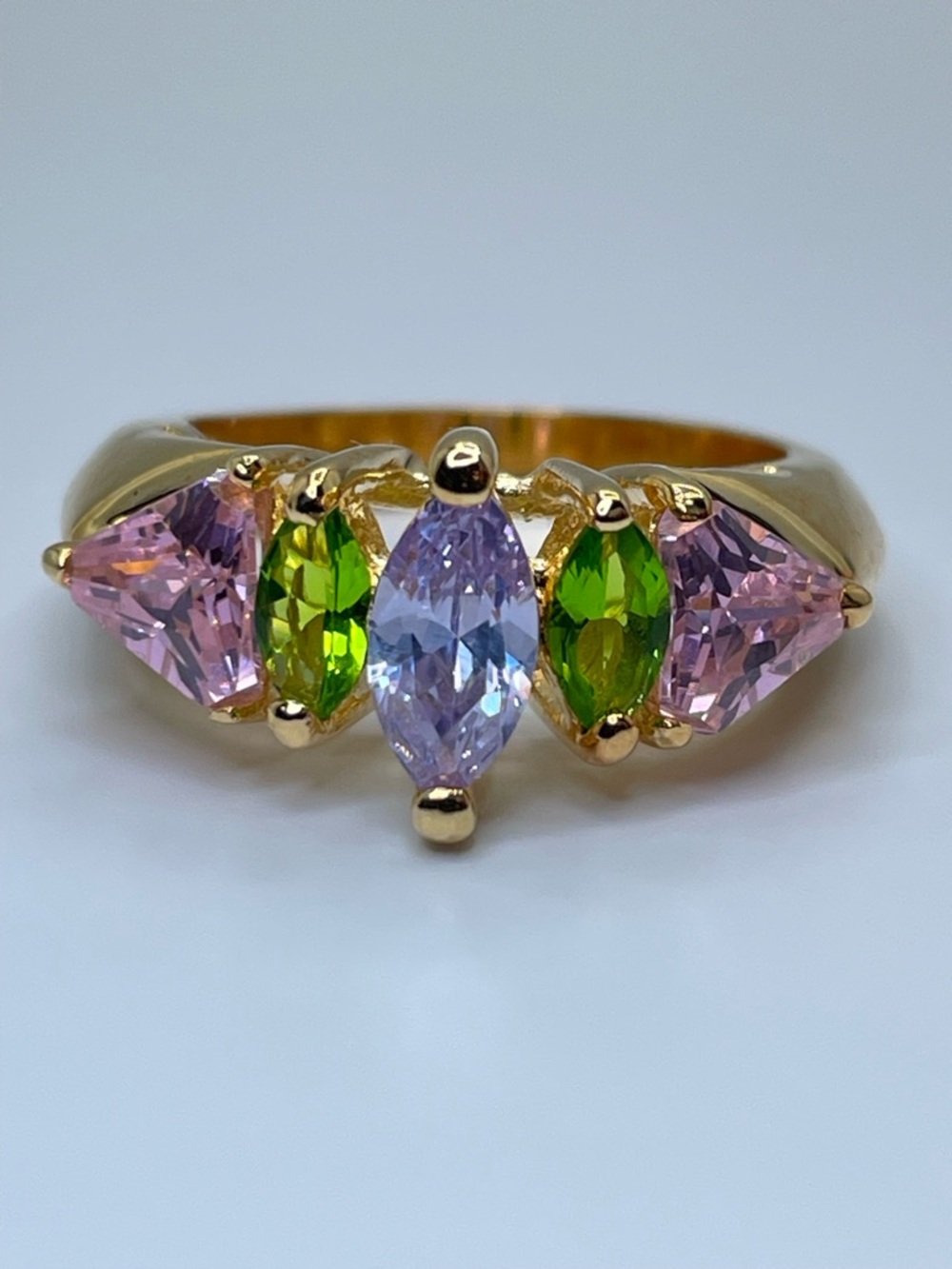Swarovski Crystal Elements Amethyst Purple Pink Green Gold Statement Ring Sz 6.5